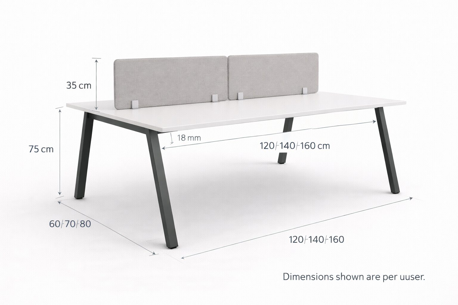 BeeWork workstation dimension guide per user with size options