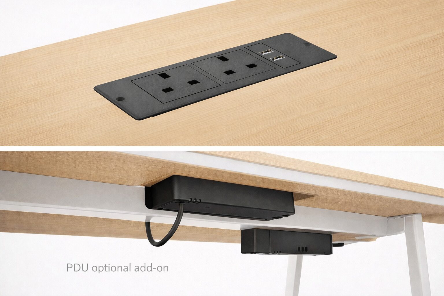 Cable management power module installed on workstation tabletop