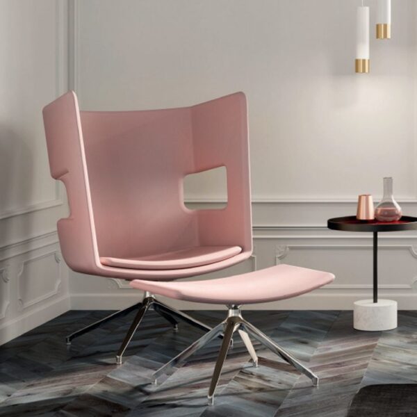 Poppea Plus pink designer lounge chair with matching ottoman and swivel base