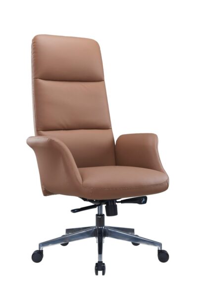 Verona highback brown executive office chair angled front view with padded seat and chrome base