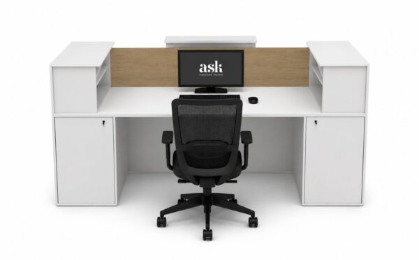 Lama reception desk rear view white and oak showing workstation storage and working surface