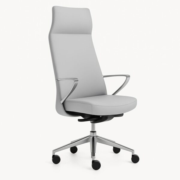 AURORA executive high back office chair with aluminium arms and polished aluminium base front angle view
