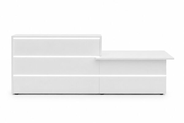 Front elevation of Noor Reception Desk 2400mm with clean modern lines and LED lighting.