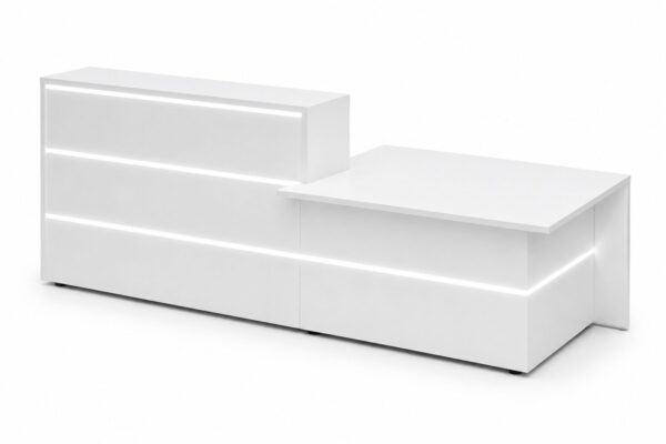 Noor contemporary reception desk from an angled perspective highlighting LED details and reception counter design.