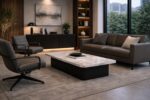 Aurra REC marble coffee table in executive lounge with leather seating and contemporary interior design