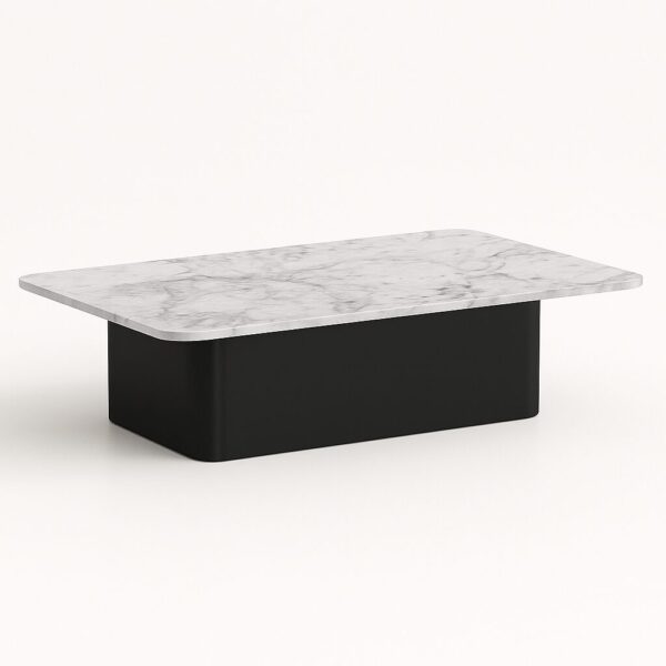 Aurra REC rectangular coffee table with white marble top and black rounded base