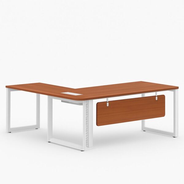 Calma L-Shaped staff desk with oak melamine top, white steel frame, cable management accessories, and modesty panel.