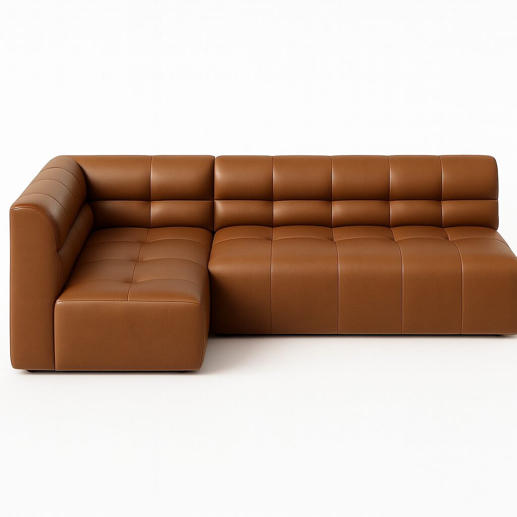 DRUCO DRUCO modular leather sofa in cognac brown leather featuring grid-pattern stitching and contemporary corner seating design.
