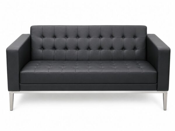 Monza 2 seater reception sofa with tufted leather upholstery and stainless steel base.
