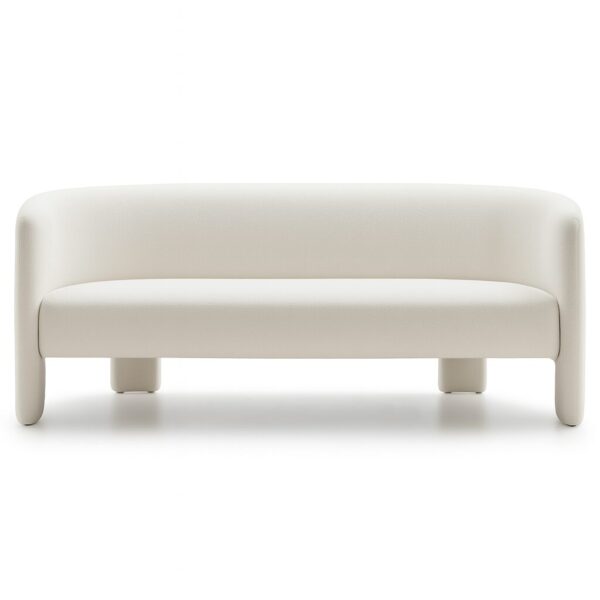 NUVIA two-seater lounge sofa in cream upholstery featuring a curved backrest and distinctive integrated leg design on a white background.