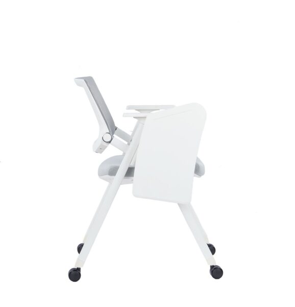 Side view of NOTE training chair with folded writing tablet