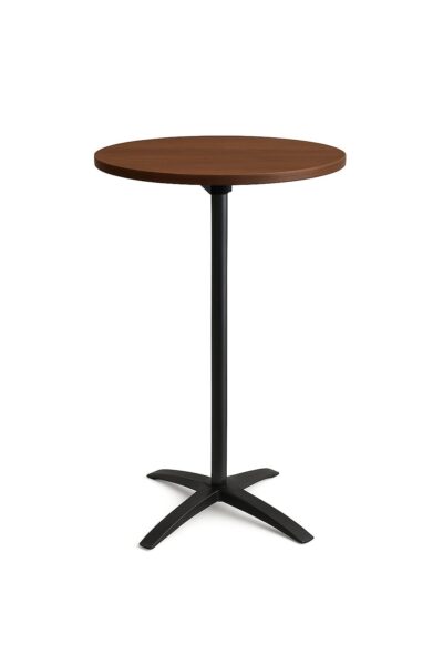PEBBLE folding standing table featuring a walnut finish round top with black aluminium base for breakout areas and cafés.
