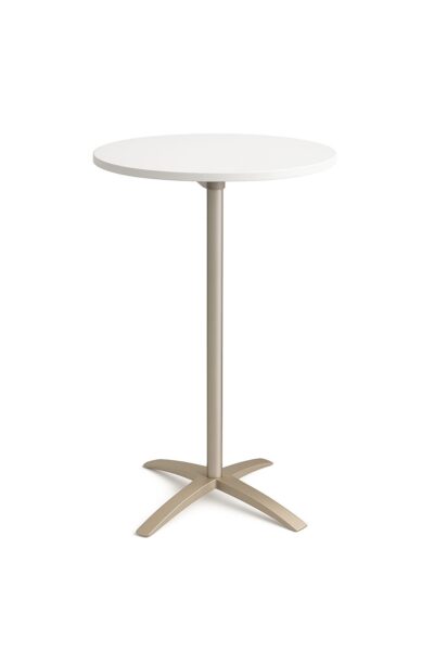 PEBBLE compact folding high table with white tabletop and champagne matt aluminium base for modern collaborative environments.