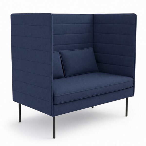 Samantha acoustic sofa in navy blue LANZI fabric with enclosed high-back privacy seating