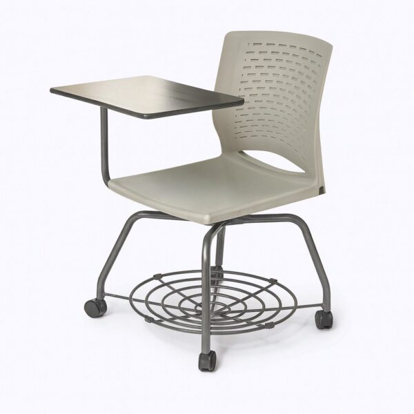 Flex training chair with folding writing tablet, storage basket, and chrome frame