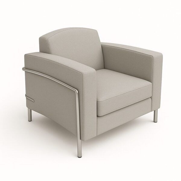 Venus single seater reception sofa with cream upholstery and elegant stainless steel frame detailing.