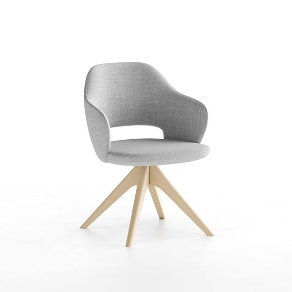 VICKY upholstered armchair with light grey fabric shell and natural wooden swivel base