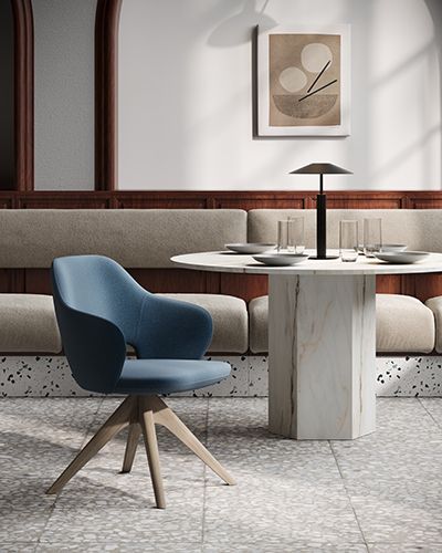 VICKY blue upholstered armchair with wooden base