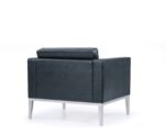 Angled rear view of Monza reception armchair with modern stainless steel base.