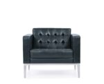 Monza single seater lounge chair with tufted leather upholstery and stainless steel legs.