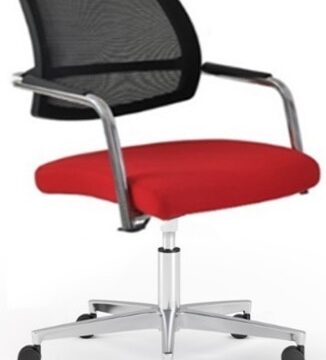 Urban E mesh conference chair with upholstered red seat and polished aluminium base