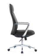 Side profile of Sole executive office chair with sleek high-back design, polished aluminium armrests with PU pads, and executive swivel base.