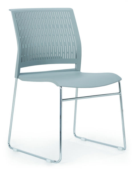 Front angle view of Rany Pantry Chair with grey polypropylene shell and chrome sled base.
