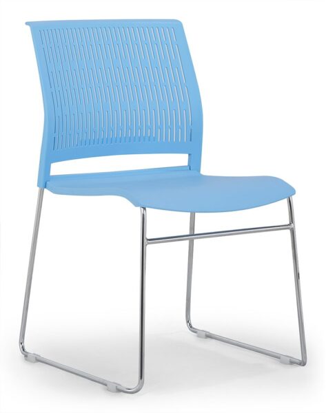 Rany blue pantry chair with chrome sled base – front perspective view