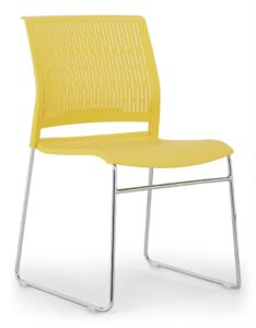 Front angle view of Rany Yellow Pantry Chair with yellow polypropylene shell and chrome sled base.