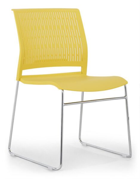 Front angle view of Rany Yellow Pantry Chair with yellow polypropylene shell and chrome sled base.