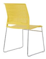 Rear angle view of Rany Yellow Pantry Chair with ventilated polypropylene backrest and stackable chrome base.