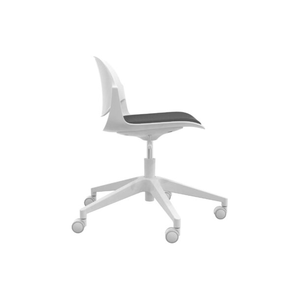 Side profile of Haya Staff Chair showing ergonomic seat design, gas lift adjustment and white nylon base with castors.