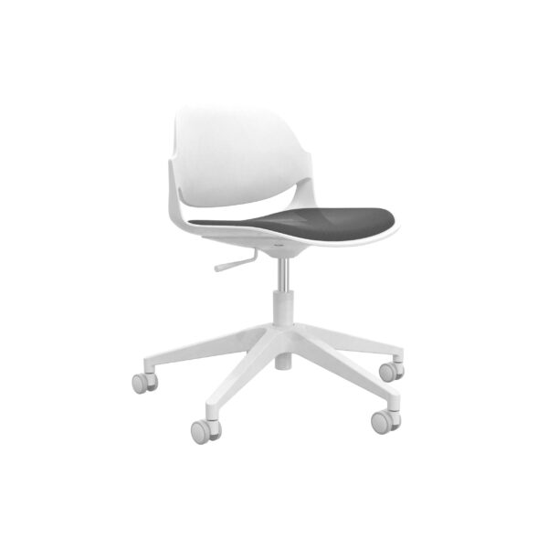 Haya Staff Chair in white frame and grey upholstered seat with ergonomic design and mobile five-star office base.
