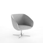 BREK grey fabric lounge chair with curved backrest and polished metal base