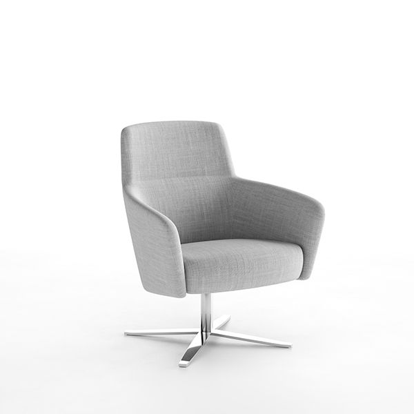 LION LOW grey fabric lounge chair front view with curved armrests and metal base