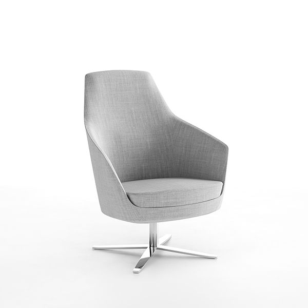 NORA MEDIUM grey fabric lounge chair with curved backrest and polished four-star base
