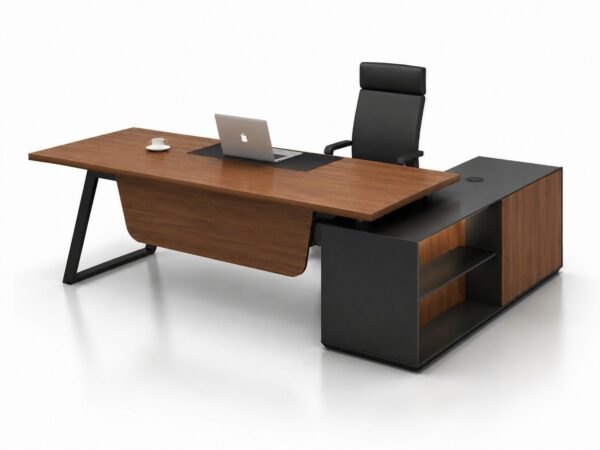 Front perspective of Levina executive office desk featuring powder-coated steel leg and storage unit