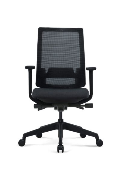 Vix medium-back mesh chair front view with black nylon base and castors